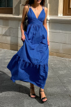 Sexy Solid Color Lace Up Backless Ruffle V Neck A Line Dresses