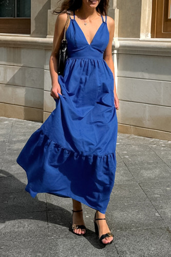 Sexy Solid Color Lace Up Backless Ruffle V Neck A Line Dresses