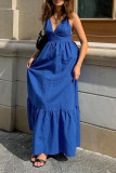 Sexy Solid Color Lace Up Backless Ruffle V Neck A Line Dresses