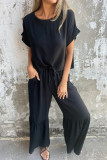 Casual Solid Color Pocket Lace Up Flounce O Neck Short Sleeve Two Pieces