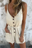 Casual Solid Color Pocket Lace Up Buttons V Neck Loose Rompers