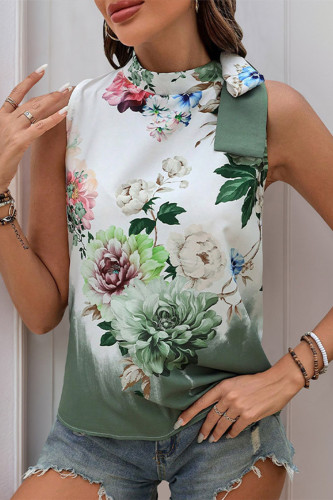 Casual Floral Print Lace Up Halter Tops
