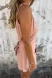 Casual Solid Color Pocket Lace Up Buttons V Neck Loose Rompers
