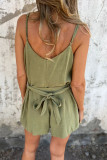 Casual Solid Color Pocket Lace Up Buttons V Neck Loose Rompers