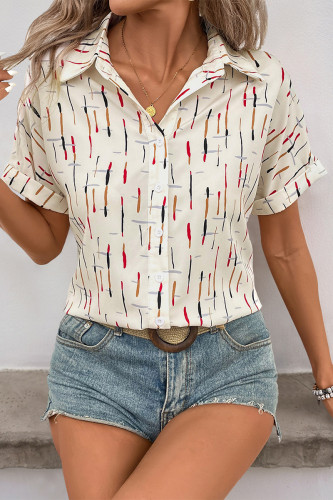 Casual Stripe Buttons Turndown Collar Tops