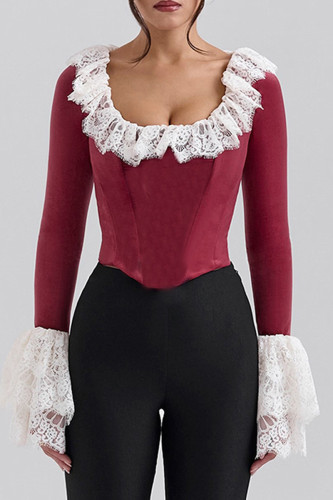 Sexy Solid Color Lace Ruffle U Neck Tops