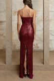 Sexy Solid Color Sequins Slit Sequined Strapless Long Dresses