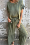 Casual Solid Color Pocket Lace Up Flounce O Neck Short Sleeve Two Pieces