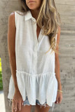 Casual Solid Color Buttons Pleated Flounce Turndown Collar Tops