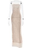 Sexy Solid Color Sequins Slit Sequined Strapless Long Dresses