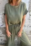 Casual Solid Color Pocket Lace Up Flounce O Neck Short Sleeve Two Pieces