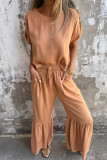 Casual Solid Color Pocket Lace Up Flounce O Neck Short Sleeve Two Pieces