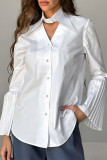 Elegant Solid Color Buttons Pleated Turndown Collar Tops
