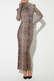 Casual Leopard Contrast Turtleneck Printed Dresses