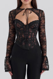 Sexy Solid Color Lace Lace Up O Neck Tops