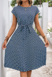 Elegant Rhombus Lace Up Contrast O Neck A Line Short Sleeve Dress