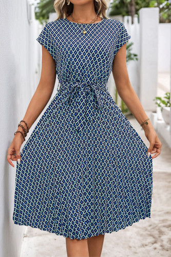 Elegant Rhombus Lace Up Contrast O Neck A Line Short Sleeve Dress