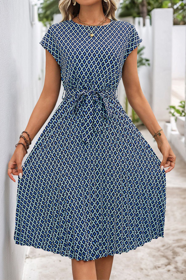 Elegant Rhombus Lace Up Contrast O Neck A Line Short Sleeve Dress