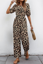 Casual Leopard Print Pocket Lace Up O Neck Loose Jumpsuits