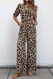 Casual Leopard Print Pocket Lace Up O Neck Loose Jumpsuits