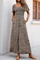 Casual Floral Print Pocket Patchwork Square Neck Loose Jumpsuits
