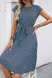 Elegant Rhombus Lace Up Contrast O Neck A Line Short Sleeve Dress