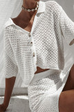Casual Solid Color Hollow Out Buttons Turndown Collar Short Sleeve Two Pieces