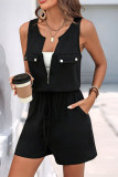 Casual Solid Color Zipper O Neck Loose Rompers