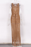 Sexy Solid Color Draw String Slit Tassel Swimwears Cover Up