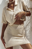 Casual Solid Color Hollow Out Buttons Turndown Collar Short Sleeve Two Pieces
