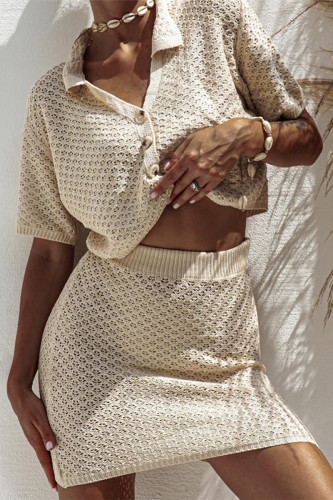 Casual Solid Color Hollow Out Buttons Turndown Collar Short Sleeve Two Pieces