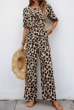 Casual Leopard Print Pocket Lace Up O Neck Loose Jumpsuits