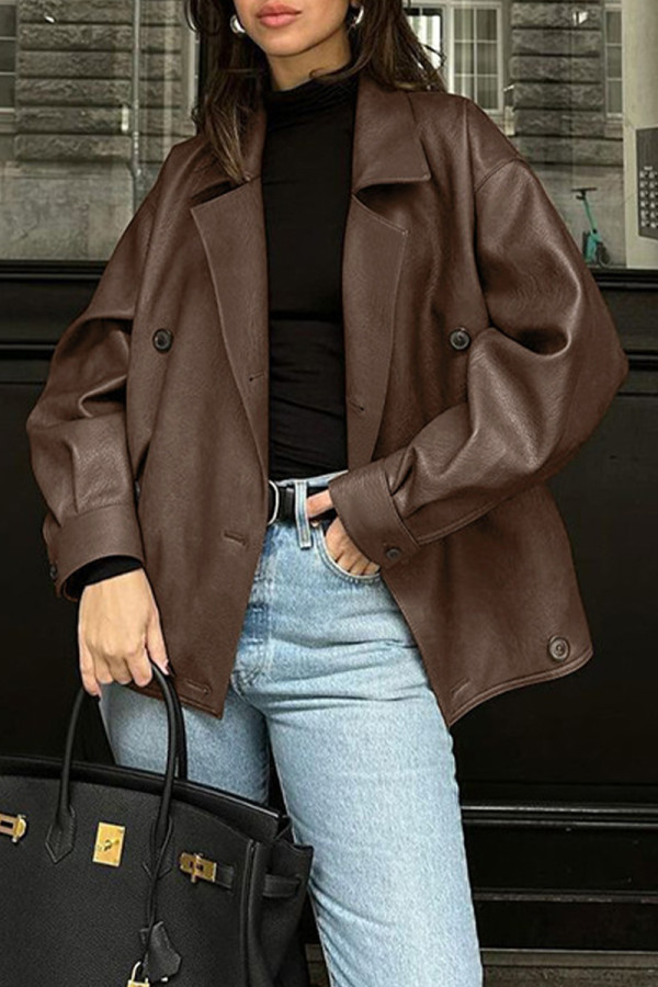 Casual Street Solid Color Buttons Turndown Collar Outerwear