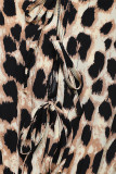 Casual Leopard Print Pocket Lace Up O Neck Loose Jumpsuits