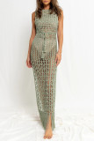 Sexy Solid Color Draw String Slit Tassel Swimwears Cover Up