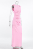 Casual Solid Color Ruched O Neck One Step Skirt Dresses