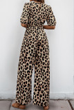 Casual Leopard Print Pocket Lace Up O Neck Loose Jumpsuits