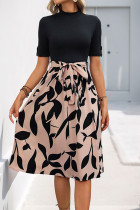 Elegant Floral Print Lace Up Buttons O Neck A Line Dresses