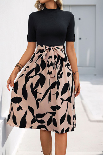 Elegant Floral Print Lace Up Buttons O Neck A Line Dresses