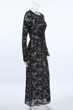 Sexy Solid Color Lace See-Through O Neck Lace Dress Dresses
