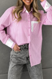 Daily Stripe Buttons Patchwork Contrast Turndown Collar Tops
