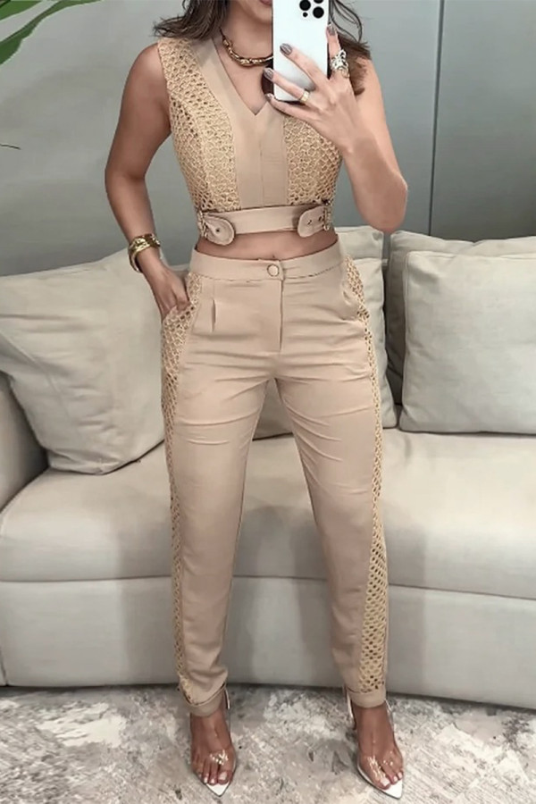 Casual Solid Color Pocket Buttons Mesh V Neck Sleeveless Two Pieces