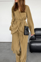 Casual Solid Color Pocket With Belt V Neck Long Sleeve Two Pieces