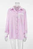 Daily Stripe Buttons Patchwork Contrast Turndown Collar Tops