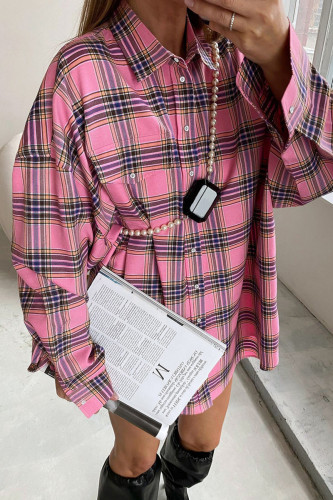 Casual Street Plaid Patchwork Contrast Turndown Collar Tops