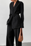 Casual Solid Color Pocket With Belt V Neck Long Sleeve Two Pieces