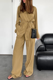 Casual Solid Color Pocket With Belt V Neck Long Sleeve Two Pieces