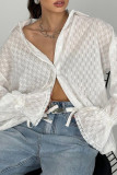 Elegant Solid Color Jacquard Lace Up Turndown Collar Tops