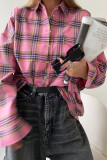 Casual Street Plaid Patchwork Contrast Turndown Collar Tops
