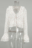 Elegant Flowers Lace Up Flounce V Neck Tops
